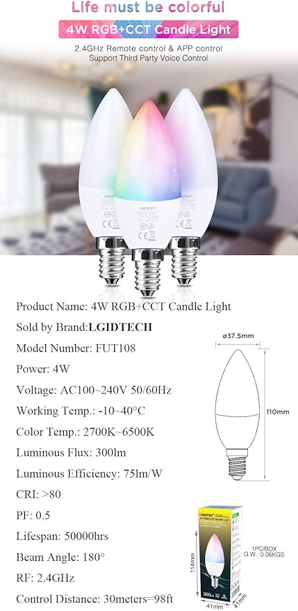 LGIDTECH FUT108 4W E14 LED 2.4GHz Candle Light Bulb AC100-240V RGB+CCT Color and Temperature Changeable,Memory Function.Smartphone APP Control via Gateway(Excluded)