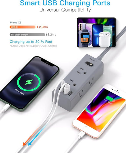 15Ft Extension Cord with Multiple Outlets, Flat Plug Power Strip Surge Protector with 15 Ft Long Cord, 6 Outlet 4 USB Ports (2 USB C), Multi Outlet Wall Plug for College, Dorm Room Essentials(Grey)