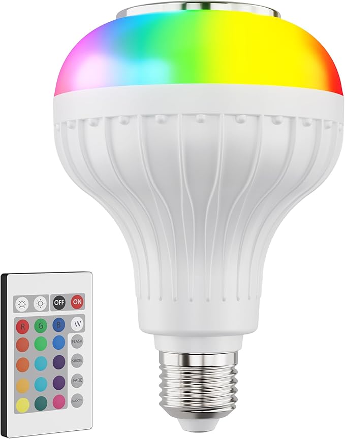 SKYLAR LED Color Changing Light Bulb with Bluetooth Speaker, E26 A23 RGB Bulb, 4 Light Modes, Remote Control, Color Changing Party Light for Bedroom, Home Decor & Holidays