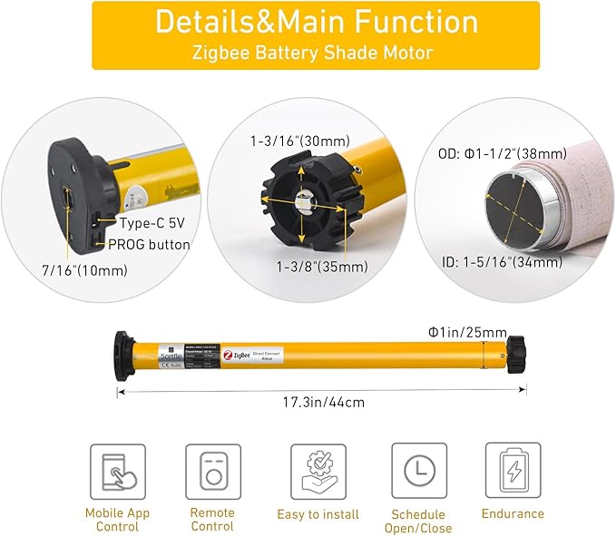Smart Blinds Motor: AM25 Zigbee Roller Shade Motor with Rechargeable Battery for 1.5" (38mm) Roller Blinds Tube, Directly Connects to Amazon Echo, No Hub Required – Upgraded Motorized Blind