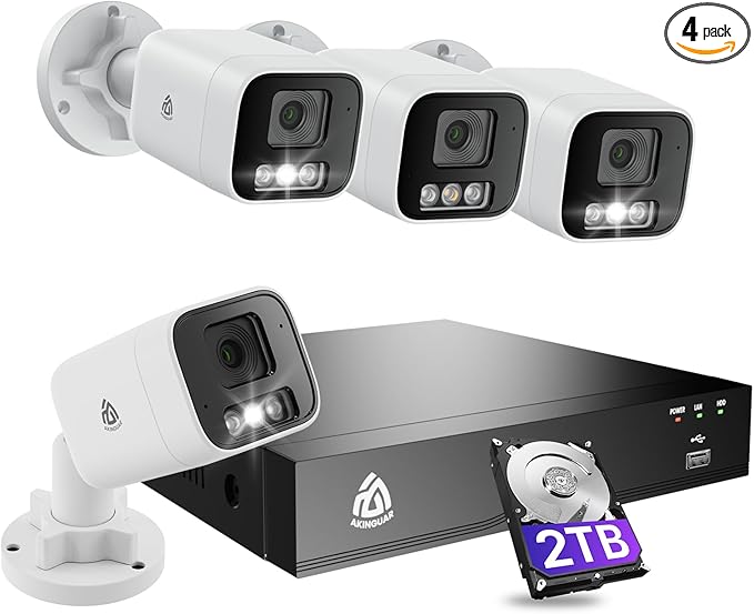 8CH 4K PoE NVR Wired Security Camera System, 4pcs 5MP Outdoor IP Cameras with Person/Vehicle Detection, 2TB HDD, H.265, 2-Way Audio, Color Night Vision, Spotlight Siren, 24/7 Continuous Recording