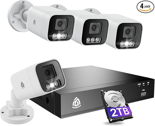 8CH 4K PoE NVR Wired Security Camera System, 4pcs 5MP Outdoor IP Cameras with Person/Vehicle Detection, 2TB HDD, H.265, 2-Way Audio, Color Night Vision, Spotlight Siren, 24/7 Continuous Recording
