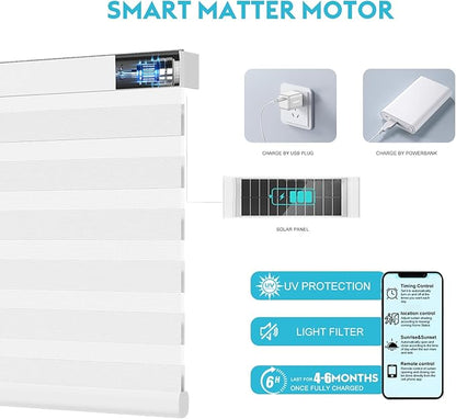 Motorized Zebra Blinds with Remote, Work with HomeKit Alexa, Smart Light Filtering Horizontal Automatic Electric Window Shades for Home Office Customsize(55% Blackout Treebark White)