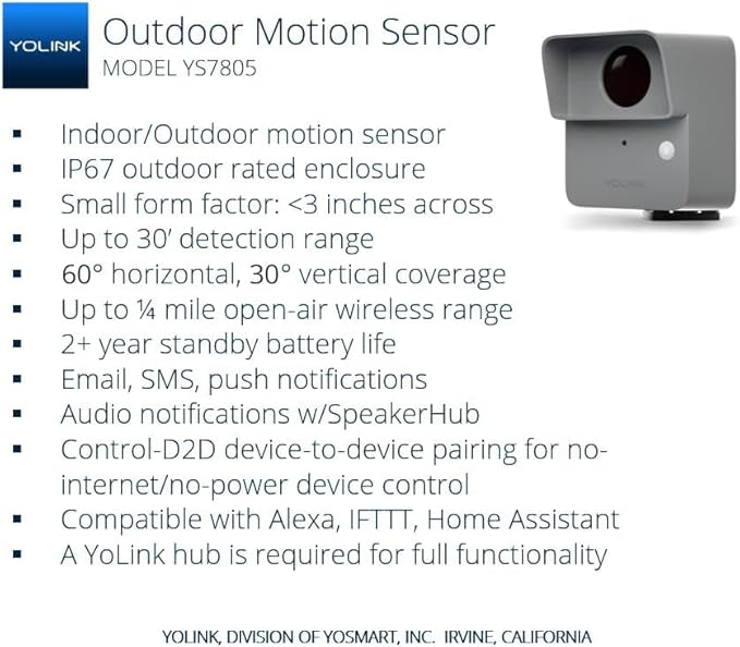 YoLink LoRa Smart Outdoor Motion Sensor Starter Kit, Driveway Alert, Property Invasion/Tresspassing Detector, Email/SMS/Push Alerts, Alexa, IFTTT, Home Assistant: Includes (1) Sensor, (1) SpeakerHub