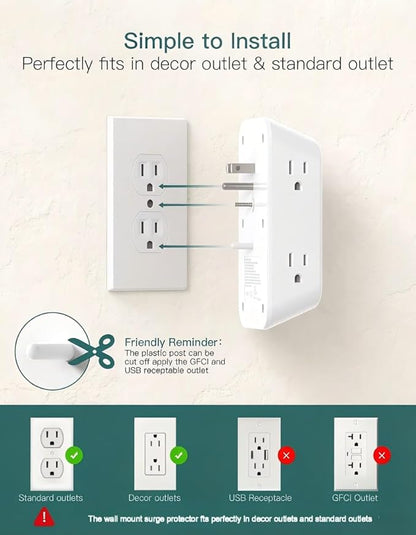 Addtam 6-Outlet Extender Surge Protector, Multi Plug Wall Outlet with 4 USB Wall Charger(PD 30W), Plug Extension Outlet with 1800J, Outlet Splitter Power Strip for Home Office, White