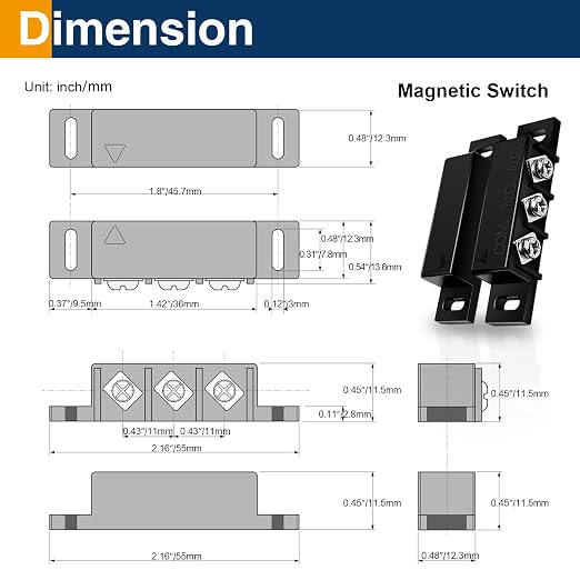 2 Pack Magnetic Reed Switch NC NO, Wired Door Window Contact Sensor, Black | Surface mount design, 22AWG leads, Includes screws, tape and screwdriver