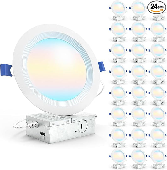 Sunco 24 Pack 6 Inch LED Recessed Light, Ceiling Canless Recessed Lights, Baffle Trim, 1200 LM, 14W, Selectable CCT 2700K/3000K/4000K/5000K/6000K, Dimmable with Junction Box
