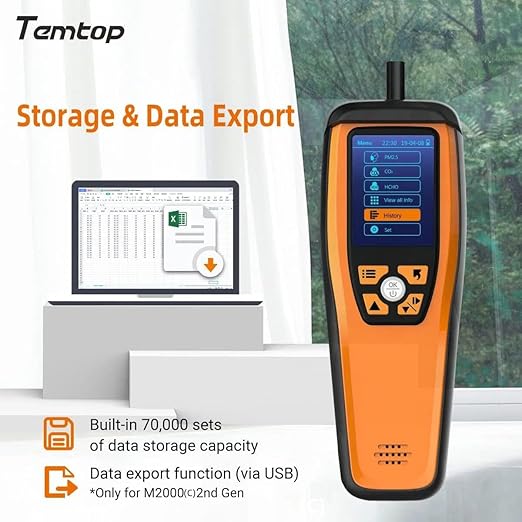 Temtop Air Quality Monitor CO2 Detector Professional Carbon Dioxide PM2.5 PM10 Formaldehyde Temperature and Humidity Monitor w/Audio Alarm Data Export (M2000 2nd)