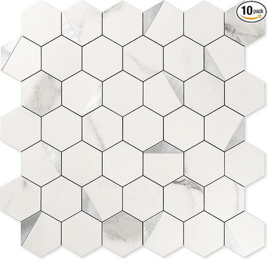 Hexagon Peel and Stick Backsplash for Kitchen Wall,10 Sheets Heat Resistant Stick on Backsplash PVC Smart Tiles, 12'' Gray White Marble Waterproof Peel and Stick Tile for Bathroom
