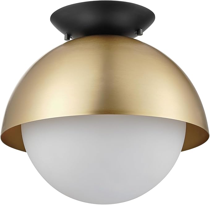 Globe Electric 60320 1-Light Flush Mount Ceiling Light, Matte Brass, Black Accent Canopy, Frosted Glass Shade, Modern Lighting for Kitchen Island, Bedroom or Dining Room, Home Decor