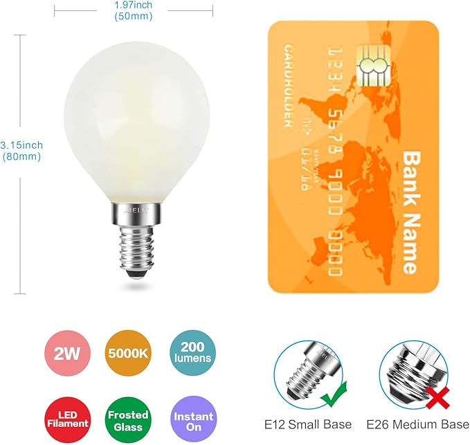 Dimmable 2 Watt Frosted LED Light Bulb25W Equivalent, Globe E12 LED Bulb, Small Chandelier Base, G15 Filament Edison Bulb for Household Lamp, 200 lumens, Daylight White 5000K, 4 Pcs