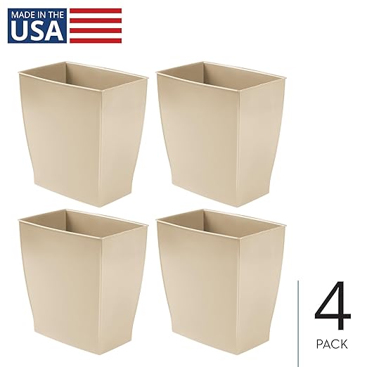 iDesign Small Plastic Bathroom Trash Can, Slim Rectangle Garbage Bin for Bedroom, Office, Dorm, 4-Pack, Brown