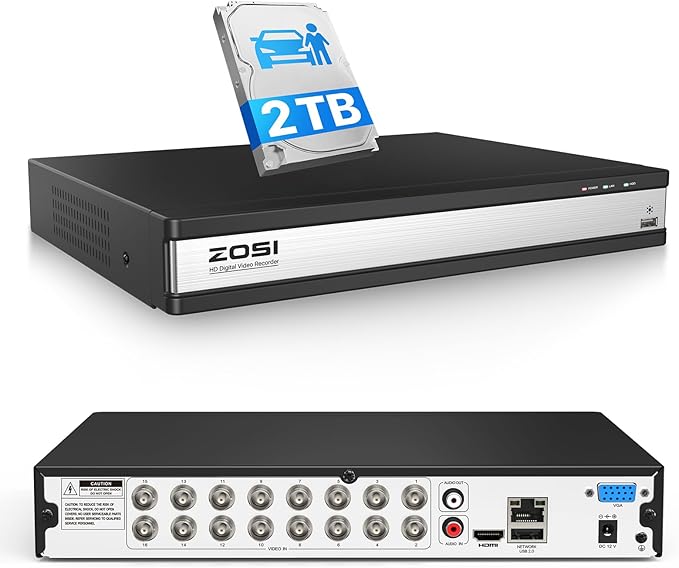 ZOSI 16 Channel H.265+ Home Security DVR Recorder, 1080P Lite Hybrid 4-in-1(Analog/AHD/TVI/CVI) CCTV DVR for Security Camera, Motion Detection, Mobile Remote Control, Alert Push (2TB HDD Included)