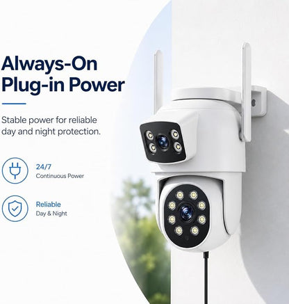 Camcamp 2K Dual Lens PTZ Security Camera Outdoor, WiFi Auto Tracking | 355° Pan-Tilt, Color Night Vision, 2-Way Audio, Motion Detection, Plug-In Powered, IP66, No Monthly Fee