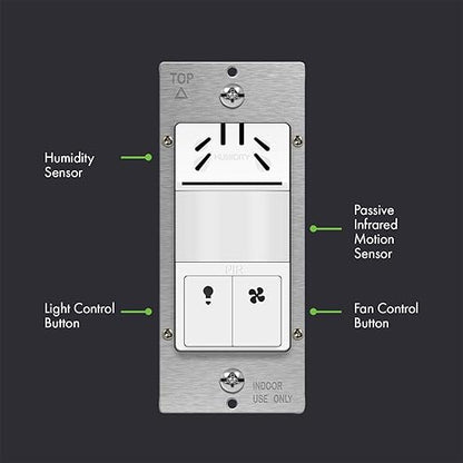 TOPGREENER Dual Tech Humidity Sensor Switch, Infrared PIR Motion & Air Moisture Detection, Bathroom Fan & Light Control, Adjustable Timing, Neutral Wire Required, UL Listed, TDHOS5, White