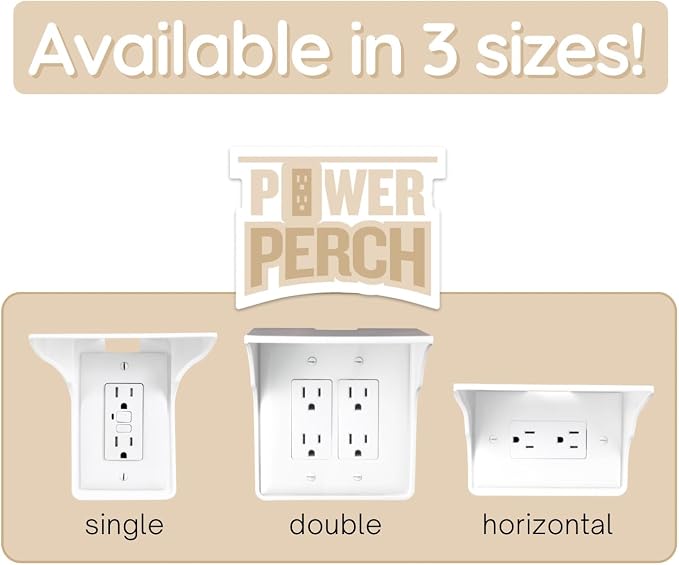 Power Perch Horizontal Outlet Shelf Organizer for Alexa Echo Dot Speakers, Phone - Wall Outlet Holder with Cord Storage Strap - Socket Shelf Bathroom Kitchen Counter Charging Station - White 2 Pack