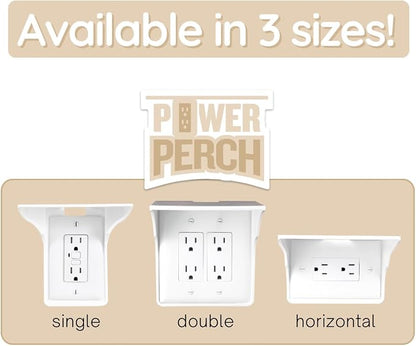 Power Perch Horizontal Outlet Shelf Organizer for Alexa Echo Dot Speakers, Phone - Wall Outlet Holder with Cord Storage Strap - Socket Shelf Bathroom Kitchen Counter Charging Station - White 2 Pack