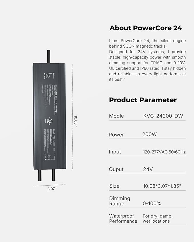 SCON 24V DC 200W LED Power Driver for Track Lighting System, TRIAC/ELV/0-10V/1-10V Dimmable Supply Transformer Converter Adaptor for LED Lights (Driver B for XTB106-24SD)