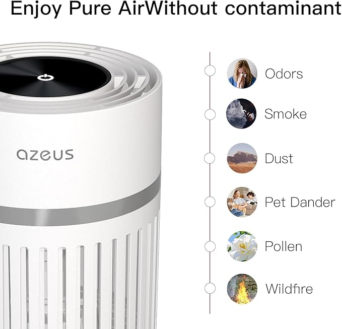 AZEUS Air Purifier for Home, HEPA Filter Captures 99.97% Dust & Smoke, 3-Stage Filtration System, Helps promote better sleep, Portable, White