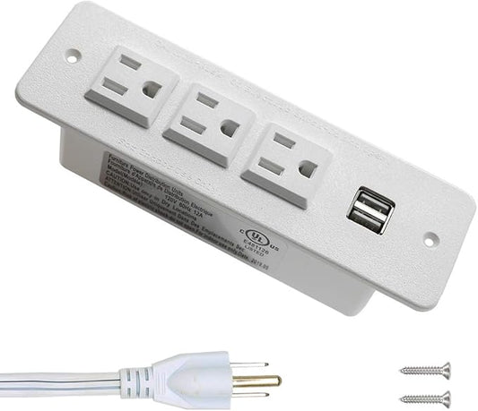 Conference Recessed Power Strip with USB Mountable Power Outlet Built in Desktop Workbench Drawer Cabinet 10'ft Heavy Duty Power Cord White
