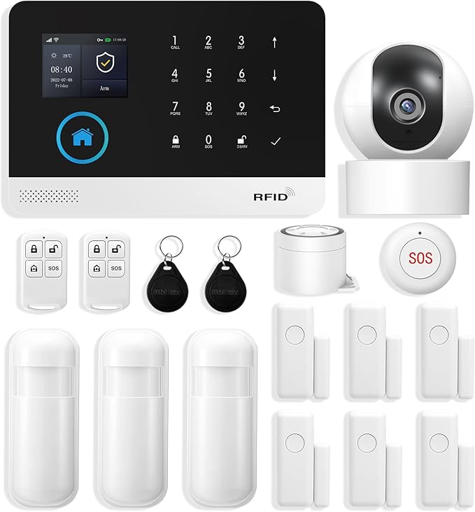 Home Security System with WiFi 2MP HD Secutity Camera,17 Piece Alarm Kits Home Security Camera System,Compatible with Alexa,Google Assistant, No Contract Required,