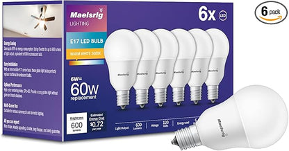 Maelsrlg E17 Intermediate Base LED Bulb, 6W (60 Watt Equivalent) G14 Globe Ceiling Fan Light Bulbs, Warm White 3000K, 600 Lumens, Non-Dimmable, Pack of 6