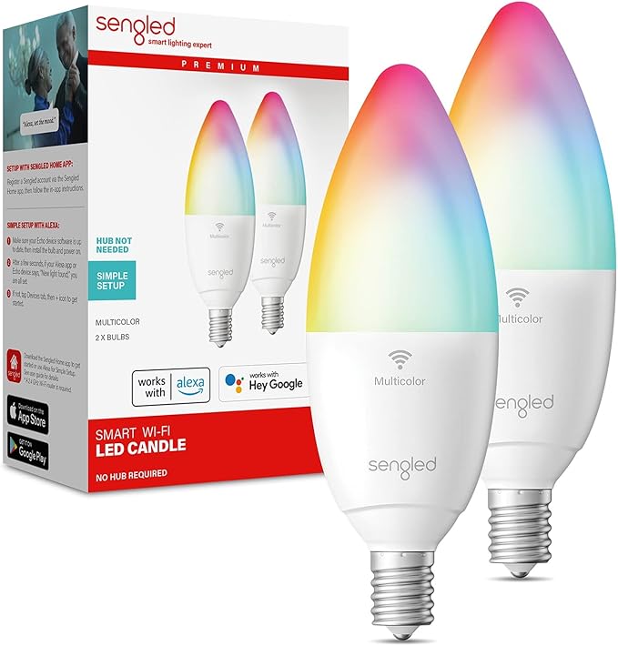 Sengled Smart Light Bulbs, LED Candelabra Bulbs E12 Base, Smart Bulbs That is Compatible with Google, Dimmable, 5W (40W Equivalent) 450LM, No Hub Required, Only 2.4GHz WiFi Support, 2 Pack