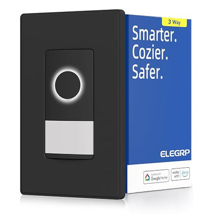 ELEGRP Smart Motion Sensor Switch, 2.4GHz Wi-Fi 3 Way Light Switch Compatible with Alexa & Google Assistant, APP Remote Control, Neutral Wire Required, UL Certified, No Hub Required (Black, 1 Pack)