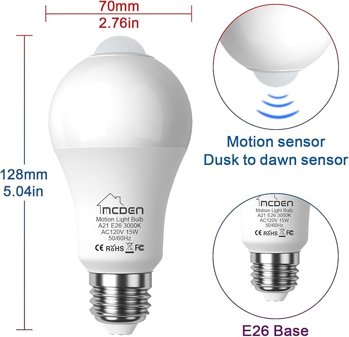McDen Motion Sensor Light Bulb, A21 15W Equivalent 100W 3000K Warm White, Indoor Motion Activation Detector Light Bulb, E26 Base Dusk to Dawn Security Night Light. 4 Packs