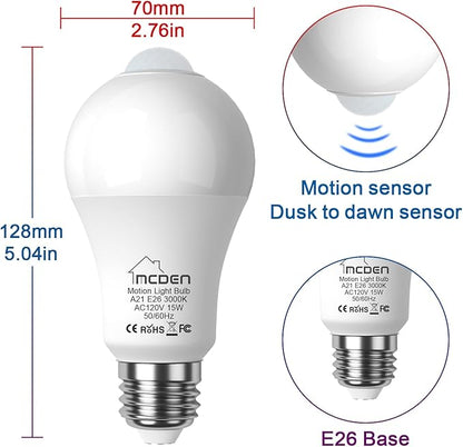 McDen Motion Sensor Light Bulb, A21 15W Equivalent 100W 3000K Warm White, Indoor Motion Activation Detector Light Bulb, E26 Base Dusk to Dawn Security Night Light. 4 Packs