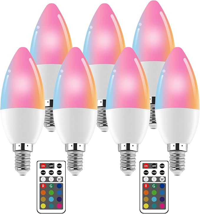 XRise E12 LED Bulb 3W Color Changing Candle Light (RGB + Warm White) 12 Colors, 3000K, Remote Control Included (2 Remote) Decorative Candle Lamp for Stage Home Decor,7 Pack