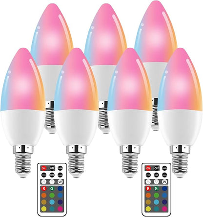 XRise E12 LED Bulb 3W Color Changing Candle Light (RGB + Warm White) 12 Colors, 3000K, Remote Control Included (2 Remote) Decorative Candle Lamp for Stage Home Decor,7 Pack