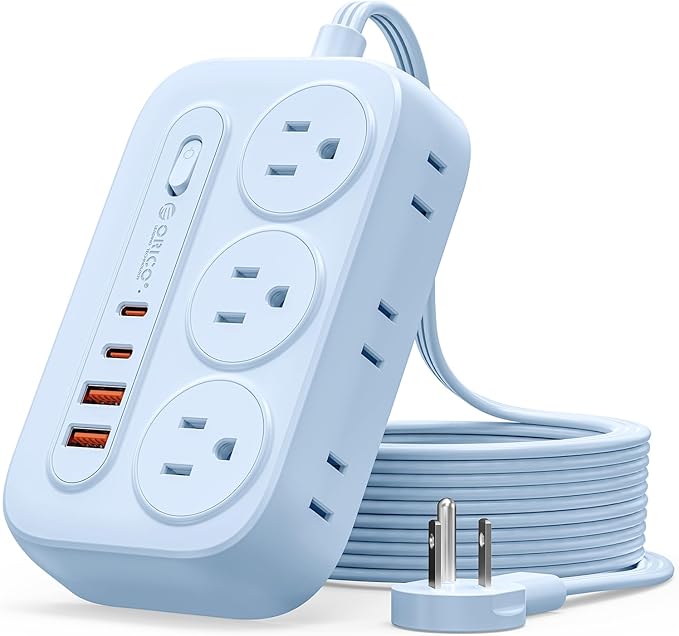 ORICO Surge Protector Power Strip, PD20W Multiple Outlets Extension Cord with 6 AC Outlets and 4 USB Charging Ports (2 USB-C), 45° Flat Plug, 10 Ft Mountable Outlet Extender for Home/Office/Dorm - OG
