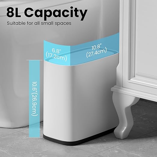 Bathroom Trash Can, 2.1 Gallon Small Slim Garbage Can with Lid and Wheels, Air-Press Bag Expander & Inner Bucket, White Plastic Waste Basket Dog Proof for Kitchen, Office, Bedroom, Garbage Trash Bin