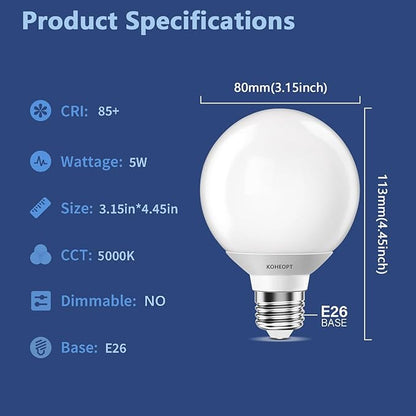 G25 LED Globe Light Bulbs,120V 5W(60W Equivalent), 5000K CRI85+ Daylight Bathroom,E26 Base,Eye-Friendly Vanity Round, Perfect for Vanity Makeup Mirror, Non-Dimmable (2 Pack)