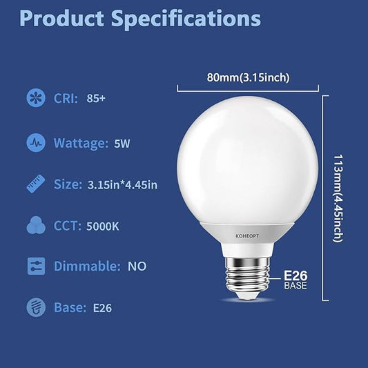 G25 LED Globe Light Bulbs,120V 5W(60W Equivalent), 5000K CRI85+ Daylight Bathroom,E26 Base,Eye-Friendly Vanity Round, Perfect for Vanity Makeup Mirror, Non-Dimmable (2 Pack)