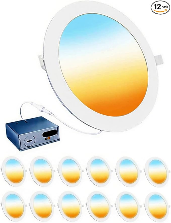 LEDYOND 6 Inch Recessed Lightings 12 Pack, 1200LM Ultra-Thin LED Wafer Downlights with Metal Frame, Iron Junction Box, 5CCT Selectable 2700-5000K, CRI90 Dimmable Canless Ceiling Light, Energy Star