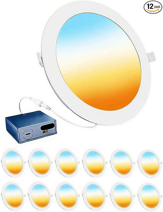LEDYOND 6 Inch Recessed Lightings 12 Pack, 1200LM Ultra-Thin LED Wafer Downlights with Metal Frame, Iron Junction Box, 5CCT Selectable 2700-5000K, CRI90 Dimmable Canless Ceiling Light, Energy Star