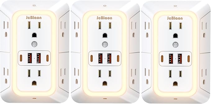 3 Pack Outlet Extender with Night Light, 6 Outlet Surge Protector Extender with 4 USB Ports (2 USB C), 3-Sided 1050J Multi Plug Wall Outlet for Home Office Dorm Room