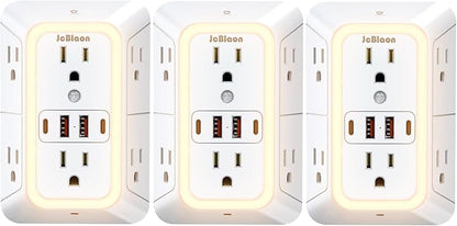 3 Pack Outlet Extender with Night Light, 6 Outlet Surge Protector Extender with 4 USB Ports (2 USB C), 3-Sided 1050J Multi Plug Wall Outlet for Home Office Dorm Room