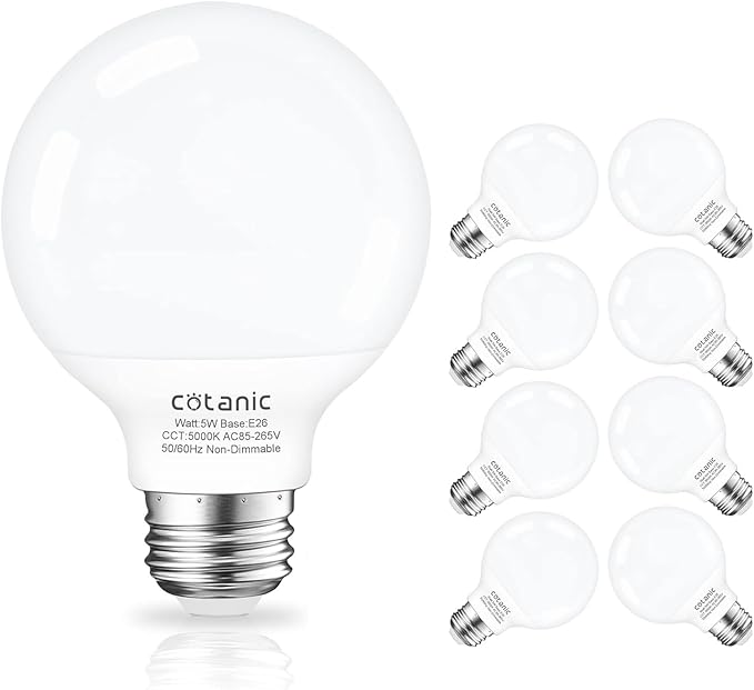 Cotanic 5000K Daylight Globe Light Bulbs, E26 Standard Base, 5W(60 Watt Equivalent Incandescent Replacement), 500LM, Non-Dimmable, 8-Pack, Bathroom G25 LED Vanity Light Bulb