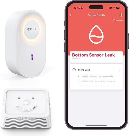 MOCREO WiFi Water Leak Detector Kit, 2000ft Long Range, SMS App Email Alerts, 105dB Adjustable Alarm, Leak Severity Tracking, 5-Year Battery Life, IP67 Water Leak Sensor for Basement Kitchen Bathroom