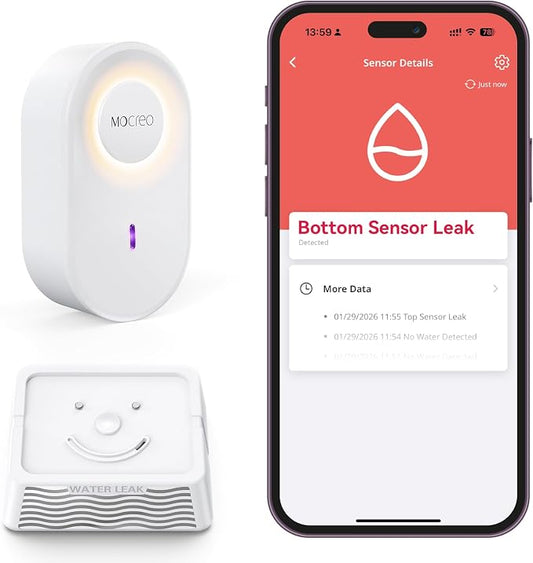 MOCREO WiFi Water Leak Detector Kit, 2000ft Long Range, SMS App Email Alerts, 105dB Adjustable Alarm, Leak Severity Tracking, 5-Year Battery Life, IP67 Water Leak Sensor for Basement Kitchen Bathroom