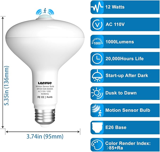 Motion Sensor Light Bulbs, Dusk to Dawn Motion Activated Security Lights, 12W BR30 Motion Detector Led Bulb, 100 Watt Equivalent, E26 6000K Daylight, Suitable for Indoor/Outdoor, (4 Pack)