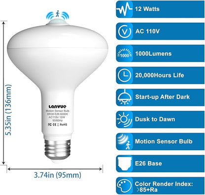 Motion Sensor Light Bulbs, Dusk to Dawn Motion Activated Security Lights, 12W BR30 Motion Detector Led Bulb, 100 Watt Equivalent, E26 6000K Daylight, Suitable for Indoor/Outdoor, (4 Pack)