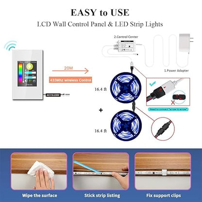 LANBON L8 LCD Smart Light Strip Switch, with 32.8FT LED Strip Lights, 2.4G WiFi Wall Touchscreen Switch Support to DIY Brightness/Colors, Compatible with Alexa/Google Home, APP Remote Control, L8-HLS