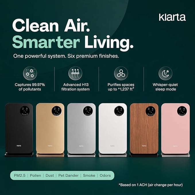 Air Purifier for Home - Smart WiFi App - Ultra Quiet 20 dB - Removes Allergens, Smoke & Odors - 99.97% Particle Filtration - Up to 1237 ft² - Klarta Forste Gold