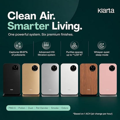 Air Purifier for Home - Smart WiFi App - Ultra Quiet 20 dB - Removes Allergens, Smoke & Odors - 99.97% Particle Filtration - Up to 1237 ft² - Klarta Forste Pink
