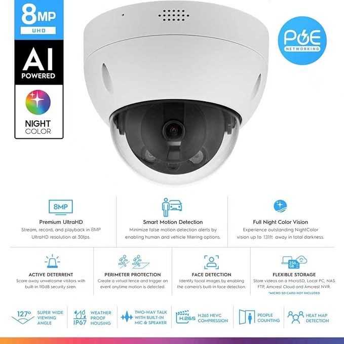 DahuaSecurity 4K 8MP PoE IP Camera, Smart Dual Light Outdoor Dome Camera with IK10 Vandal-Proof, Person/Vehicle/Animal Detection, Spotlight Color Night Vision, 2 Way Talk, IP67 (Dome-FB-8MP-B)