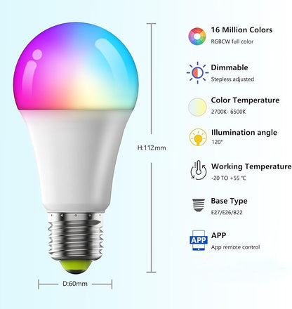 Smart LED Bulbs, Bluetooth Light Bulbs, RGB+CCT Color Changing Light Bulbs with App Control, A19, E26, 10W Music Sync and 8 Scene Mode for Living Room Bedroom Party (Not Support WiFi/Alexa) (4)
